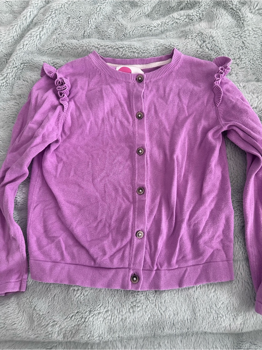 Mini Boden Lavender Ruffle-Shoulder Cardigan